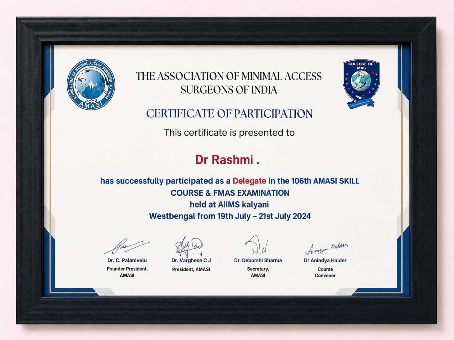 AMASI skill course & FMAS examination participation certificate — Dr. Rashmi Singh
