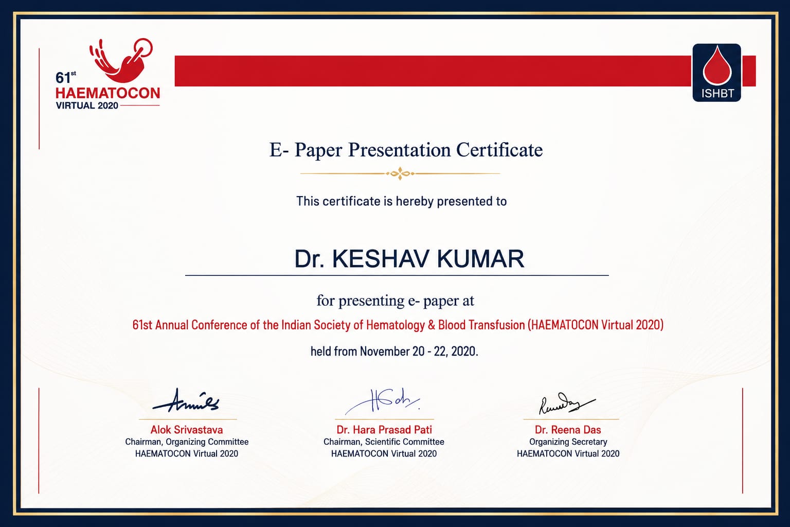 HAEMATOCON 2020 e-paper presentation certificate — Dr. K. K. Singh