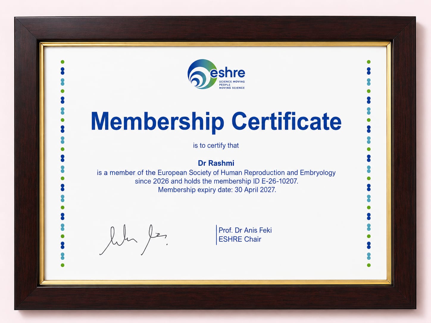 ESHRE membership certificate — Dr. Rashmi Singh