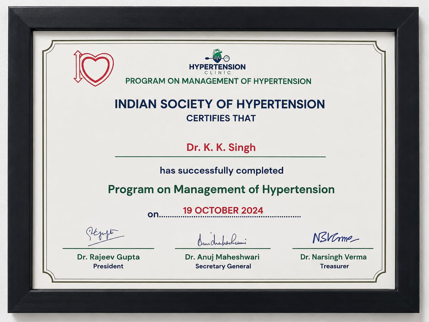 Indian Society of Hypertension programme certificate — Dr. K. K. Singh